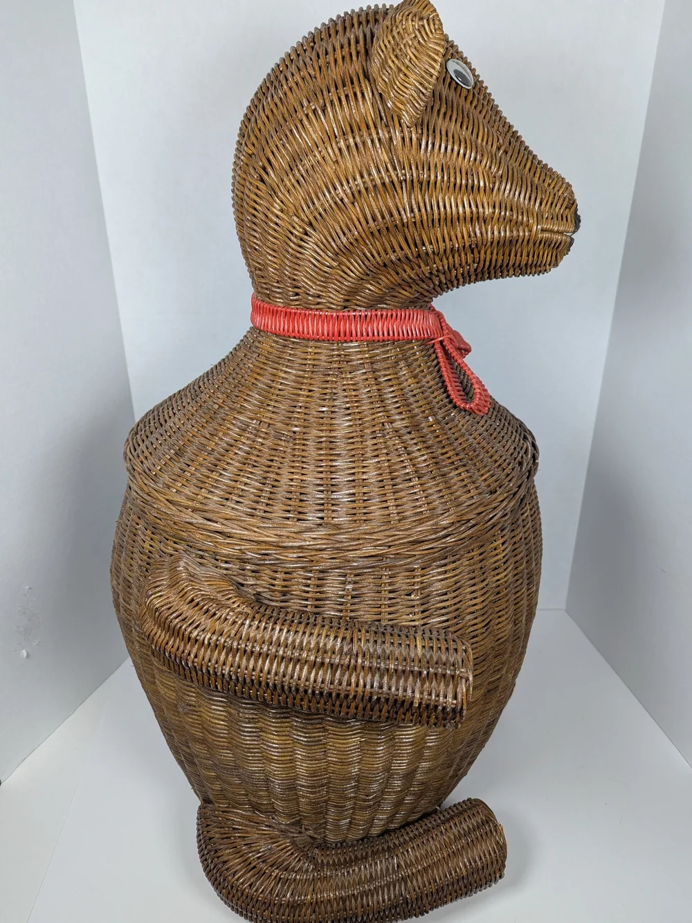 Vintage MCM Whimsical Wicker Bear Laundry Toy Hamper Storage